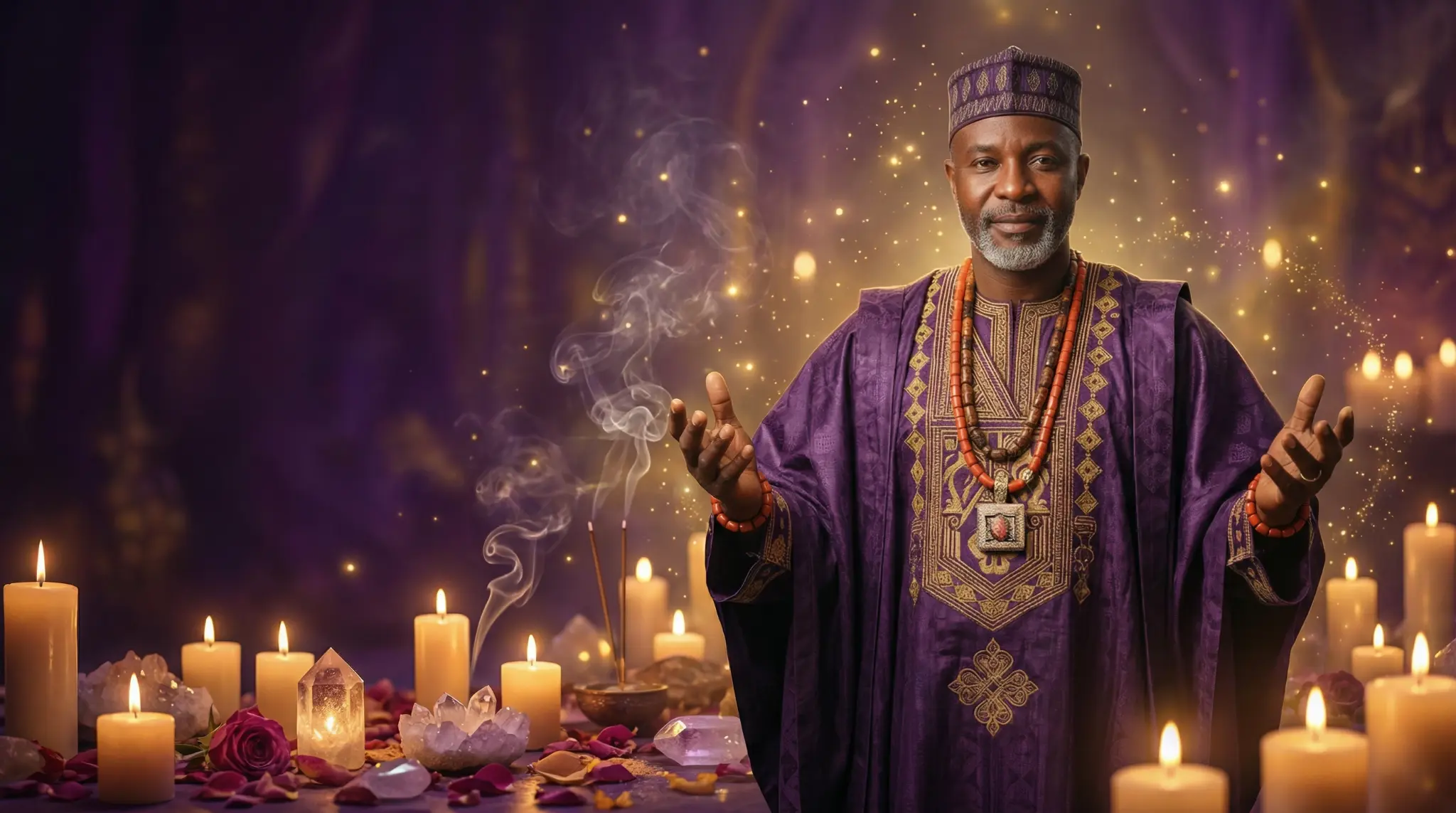 Baba Ali performing a sacred candlelit love spell ritual with crystals, incense, and candles