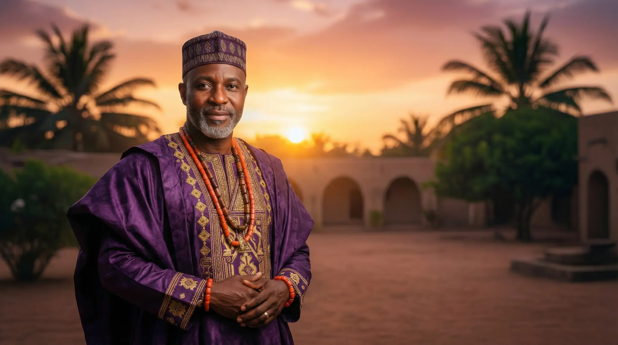 Baba Ali at sunset in traditional purple African attire with coral beads