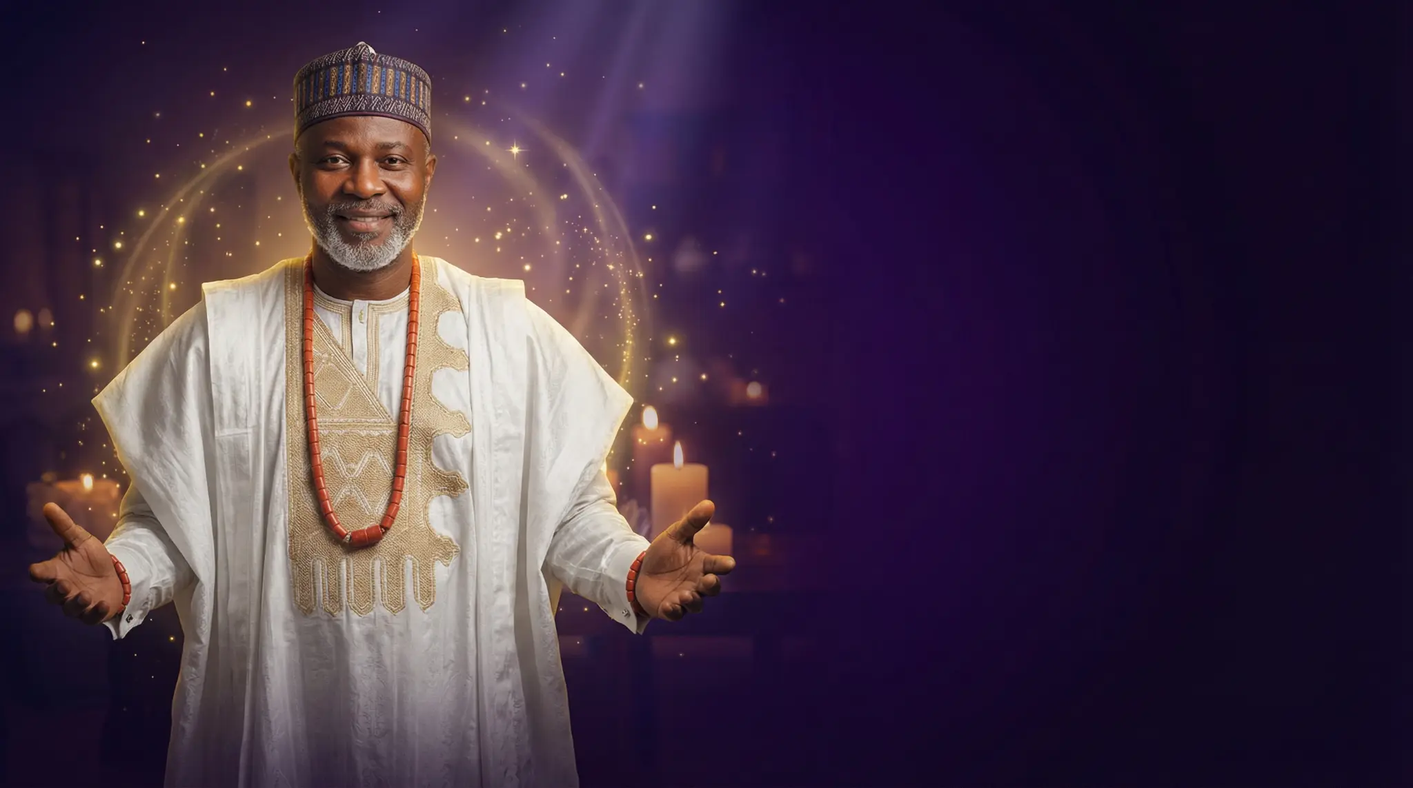 Baba Ali in traditional white and gold attire with open arms welcoming clients